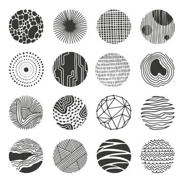 Decorative round grunge elements. Hand drawn spot, doodle sunburst and spiral Stock Illustration