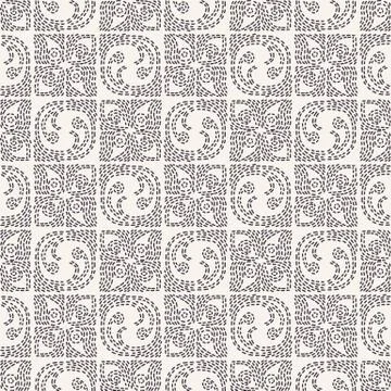 Decorative running stitch embroidery pattern. Rounded square needlework seamless Stock Illustration