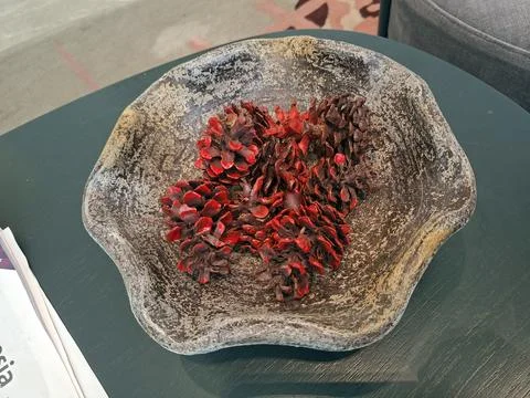 A decorative, rustic grey stone bowl filled with pinecones painted in vibra.. Stock Photos