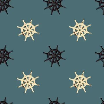 Decorative sailor seamless pattern with beige and black ship wheel ornament.  Stock Illustration