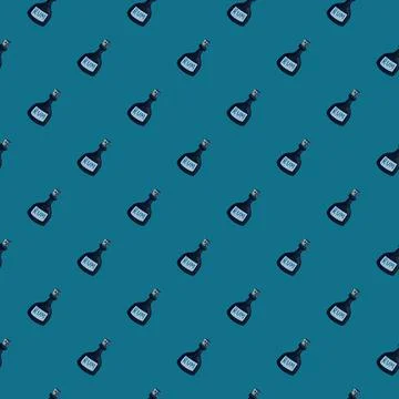 Decorative seamless alcohol pattern with rum bottles shapes. Blue background. Illustrazione stock