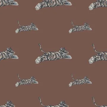 Decorative seamless doodle pattern with hand drawn grey jumping tigers print. イラスト素材