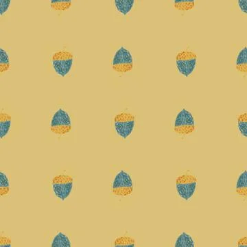 Decorative seamless doodle pattern with nature acorn blue shapes. Yellow pale Stock Illustration