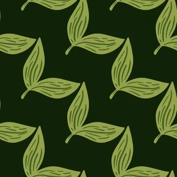 Decorative seamless foliage pattern with doodle leaf elements. Dark green bac Ilustración de archivo