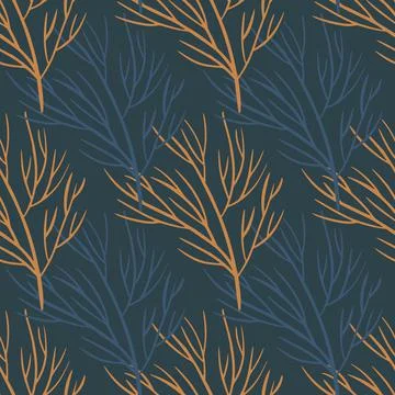 Decorative seamless pattern with blue and orange tree branches print. Navy bl Stock Illustration