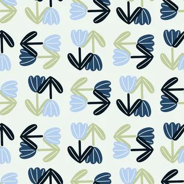 Decorative seamless pattern with blue and navy tulip flowers elements. Light  Illustrazione stock