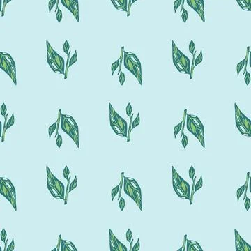 Decorative seamless pattern with blue leaves branches elements. Light backgro Stock Illustration