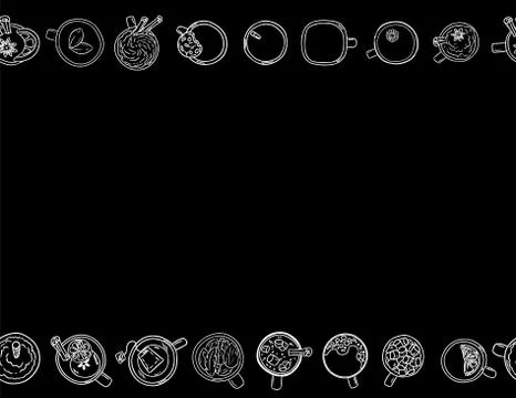 Decorative seamless pattern with cups and mugs. Letter black and white chalkb Stock Illustration
