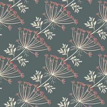 Decorative seamless pattern with dill umbrella botanic elements. Grey-blue ba Illustrazione stock