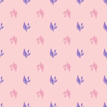 Decorative seamless pattern with doodle blue leaf branches print. Pink pastel Illustrazione stock