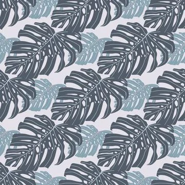 Decorative seamless pattern doodle ornament with monstera. Pastel blue palett Stock Illustration