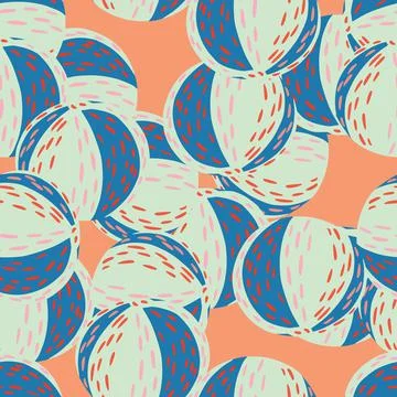 Decorative seamless pattern with doodle random blue balls elements. Orange ba Illustrazione stock