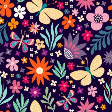 Decorative seamless pattern with flowers and butterflies Stock Illustration