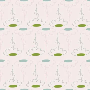 Decorative seamless pattern with green and blue outline chamomile flowers orn Stock Illustration