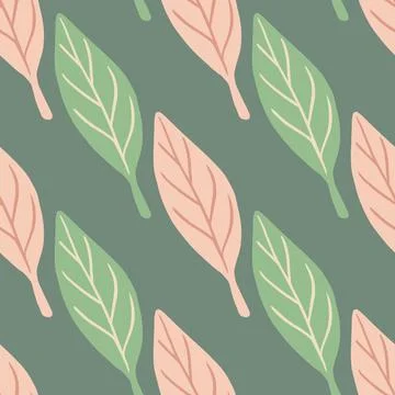 Decorative seamless pattern with green and pink simple leaf elements. Pastel  Stock Illustration