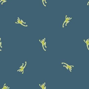 Decorative seamless pattern with green minimalistic froggy print. Pale navy b Stock Illustration