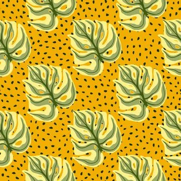 Decorative seamless pattern with green monstera leaf silhouettes. Yellow dott Stock Illustration