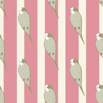 Decorative seamless pattern with grey doodle parrot print. Pink striped backg Stockillustratie