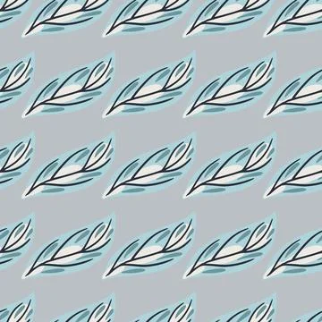 Decorative seamless pattern with hand drawn outline leaf shapes. Light blue b Stock Illustration