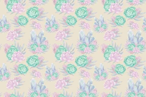 Decorative seamless pattern of illustrations of blue crystal and succulent fl Stock Illustration
