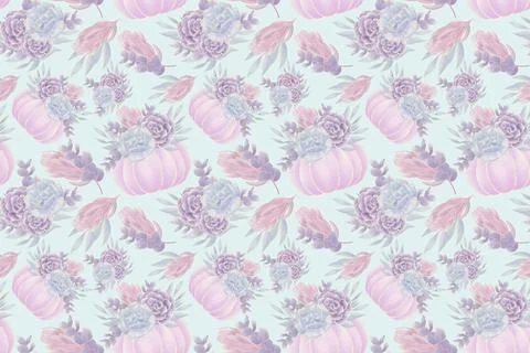 Decorative seamless pattern of illustrations Pink pumpkin decorated with succ Stock Illustration