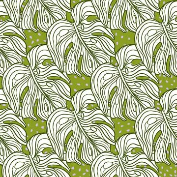 Decorative seamless pattern with outline monstera leaves shapes. Green dotted Stock Illustration