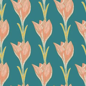 Decorative seamless pattern with pale orange outline crocus flowers. Dark tur Stock Illustration