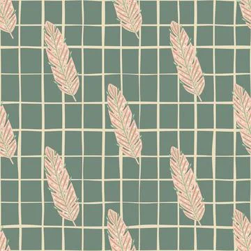 Decorative seamless pattern with pale pink leaf shapes. Green turquoise chequ イラスト素材