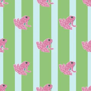 Decorative seamless pattern with pink doodle frog ornament. Striped green bac イラスト素材
