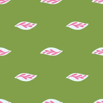Decorative seamless pattern with pink leaf ornament. Green background. Spring Stock Illustration