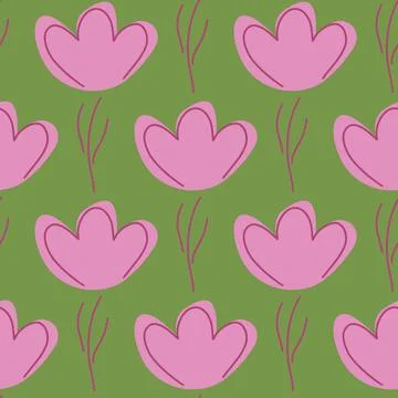 Decorative seamless pattern with pink outline flowers shapes. Green backgroun Stock Illustration