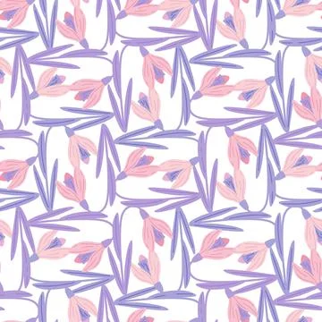 Decorative seamless pattern with purple and pink colored spring snowdrops sha Illustrazione stock