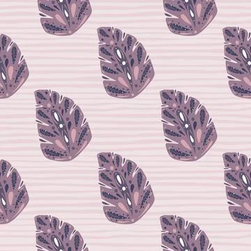 Decorative seamless pattern with purple folk monstera leaf ornament. Striped  Stock Illustration