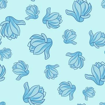 Decorative seamless pattern with random blue magnolia flowers ornament. Paste Stock Illustration
