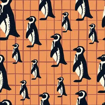 Decorative seamless pattern with random penguin elements print. Orange cheque Stock Illustration