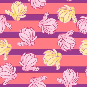 Decorative seamless pattern with random pink and yellow magnolia flowers shap Stock Illustration