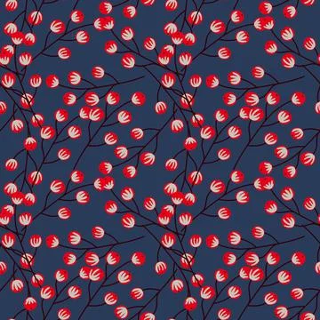 Decorative seamless pattern with random red berries elements. Navy blue backg Stock Illustration