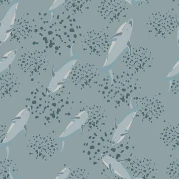 Decorative seamless pattern with random shark fish print. Grey background wit Stock Illustration