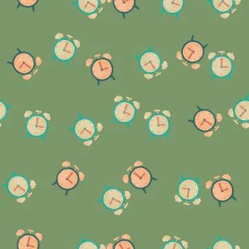 Decorative seamless pattern with retro alarm clock elements. Green colored pa 스톡 일러스트