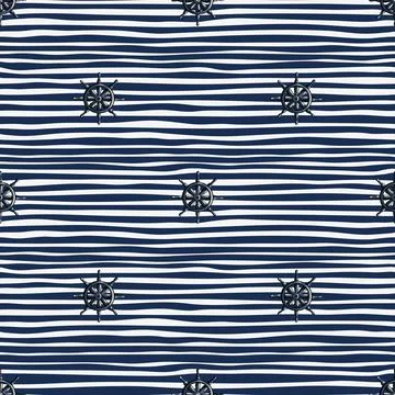 Decorative seamless pattern with ship helm elements. Striped navy blue backgr Stock Illustration