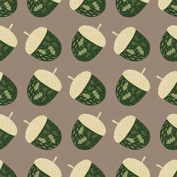 Decorative seamless pattern with simple green acorn silhouettes. Beige backgr Illustrazione stock