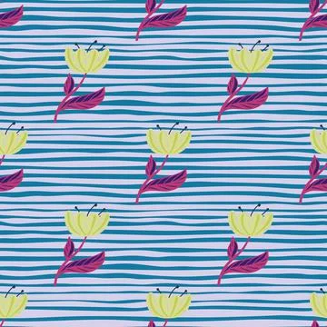 Decorative seamless pattern with simple poppy flowers ornament. Blue striped  イラスト素材