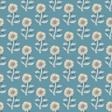 Decorative seamless pattern with simple style sunflowers print. Blue bright b Stock Illustration