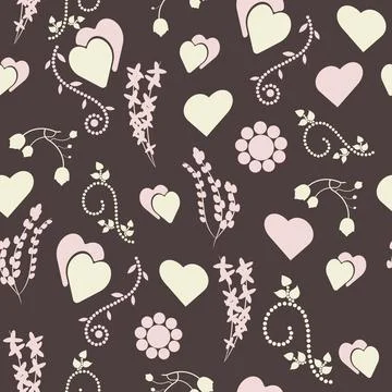Decorative seamless pattern with spirals, flowers, plants and hearts. Stock Illustration