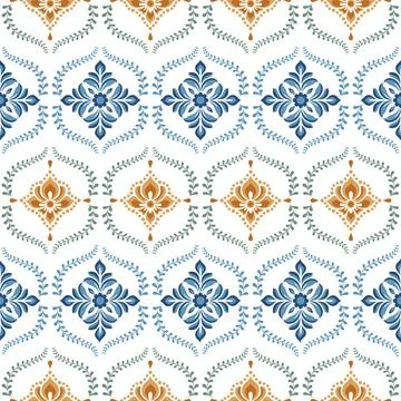 Decorative seamless pattern of stylized blue and gold floral Stock Illustration