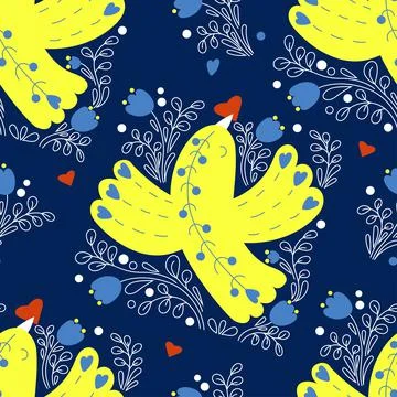 Decorative seamless pattern with Yellow-blue bird with heart on blue background イラスト素材