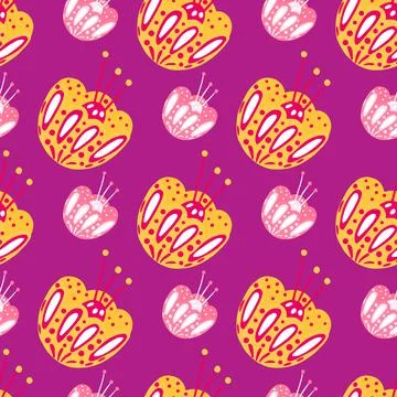 Decorative seamless pattern with yellow contoured folk flower buds shapes. Pu Stock Illustration
