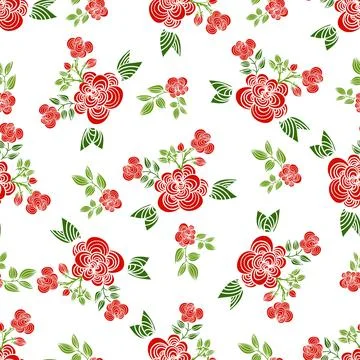 Decorative seamless patterns with red roses, leaves and branches. Stock Illustration
