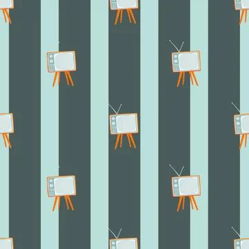 Decorative seamless retro pattern with tv elements. Artwork in blue tones wit Stock Illustration