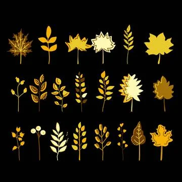 Decorative set of different fall leaves on a black background. Stock Illustration